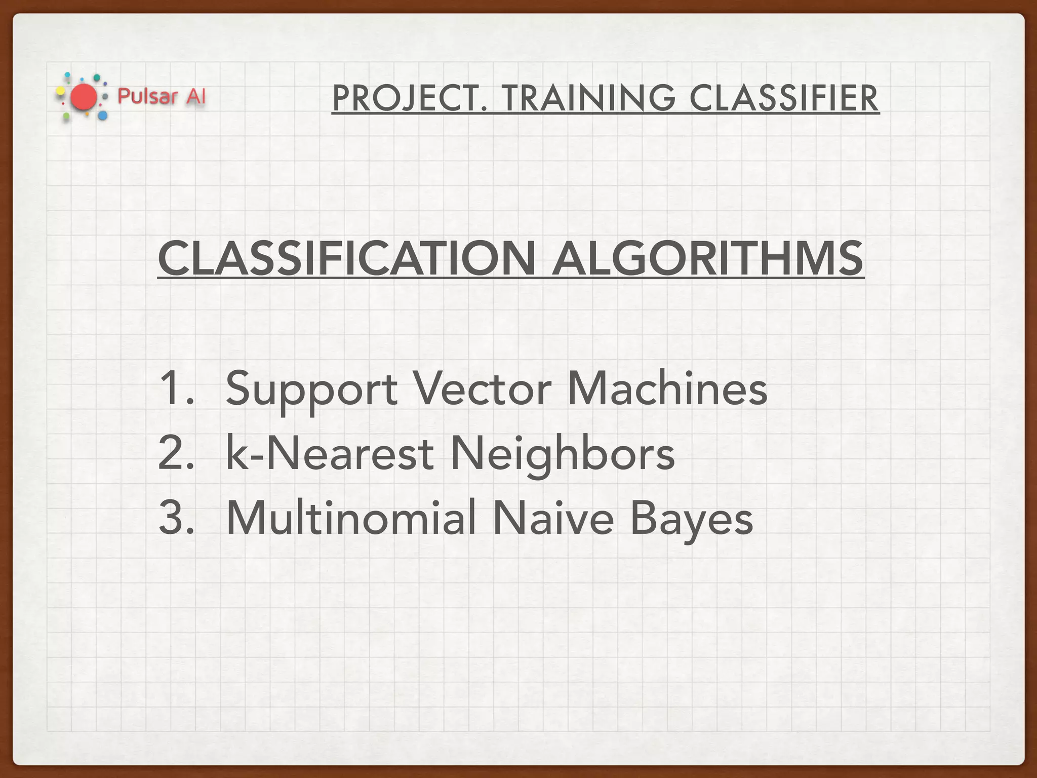 PROJECT. TRAINING CLASSIFIER
CLASSIFICATION ALGORITHMS
1. Support Vector Machines
2. k-Nearest Neighbors
3. Multinomial Naive Bayes
 