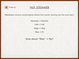 NLP. STEMMER
Stemmers remove morphological affixes from words, leaving only the word stem.
bananas -> banana
flies -> fli
cats -> cat
dogs -> dog
How about “flies” -> fly?
 
