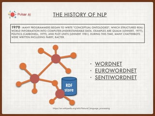 THE HISTORY OF NLP
https://en.wikipedia.org/wiki/Natural_language_processing
1970 - MANY PROGRAMMERS BEGAN TO WRITE "CONCEPTUAL ONTOLOGIES", WHICH STRUCTURED REAL-
WORLD INFORMATION INTO COMPUTER-UNDERSTANDABLE DATA. EXAMPLES ARE QUALM (LEHNERT, 1977),
POLITICS (CARBONELL, 1979), AND PLOT UNITS (LEHNERT 1981). DURING THIS TIME, MANY CHATTERBOTS
WERE WRITTEN INCLUDING PARRY, RACTER.
• WORDNET
• EUROWORDNET
• SENTIWORDNET
 