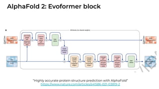 AlphaFold 2: Evoformer block
“Highly accurate protein structure prediction with AlphaFold”
https://www.nature.com/articles/s41586-021-03819-2
 