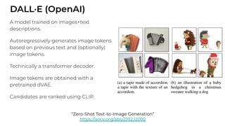 DALL·E (OpenAI)
“Zero-Shot Text-to-Image Generation”
https://arxiv.org/abs/2102.12092
A model trained on images+text
descriptions.
Autoregressively generates image tokens
based on previous text and (optionally)
image tokens.
Technically a transformer decoder.
Image tokens are obtained with a
pretrained dVAE.
Candidates are ranked using CLIP.
 