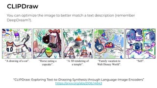 CLIPDraw
“CLIPDraw: Exploring Text-to-Drawing Synthesis through Language-Image Encoders”
https://arxiv.org/abs/2106.14843
You can optimize the image to better match a text description (remember
DeepDream?).
 