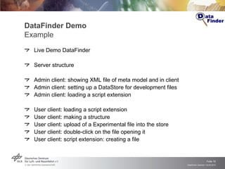 DataFinder Demo Example Live Demo DataFinder Server structure  Admin client: showing XML file of meta model and in client Admin client: setting up a DataStore for development files  Admin client: loading a script extension User client: loading a script extension User client: making a structure User client: upload of a Experimental file into the store User client: double-click on the file opening it User client: script extension: creating a file 