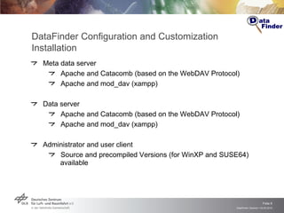Meta data server Apache and Catacomb (based on the WebDAV Protocol) Apache and mod_dav (xampp) Data server Apache and Catacomb (based on the WebDAV Protocol) Apache and mod_dav (xampp) Administrator and user client Source and precompiled Versions (for WinXP and SUSE64) available DataFinder Configuration and Customization Installation 