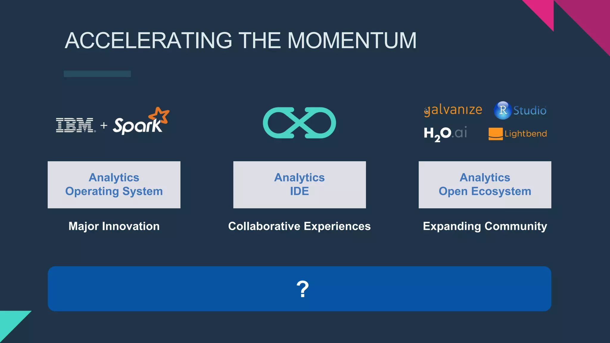 Major Innovation
Analytics
Operating System
?
Collaborative Experiences
Analytics
IDE
ACCELERATING THE MOMENTUM
Expanding Community
Analytics
Open Ecosystem
 