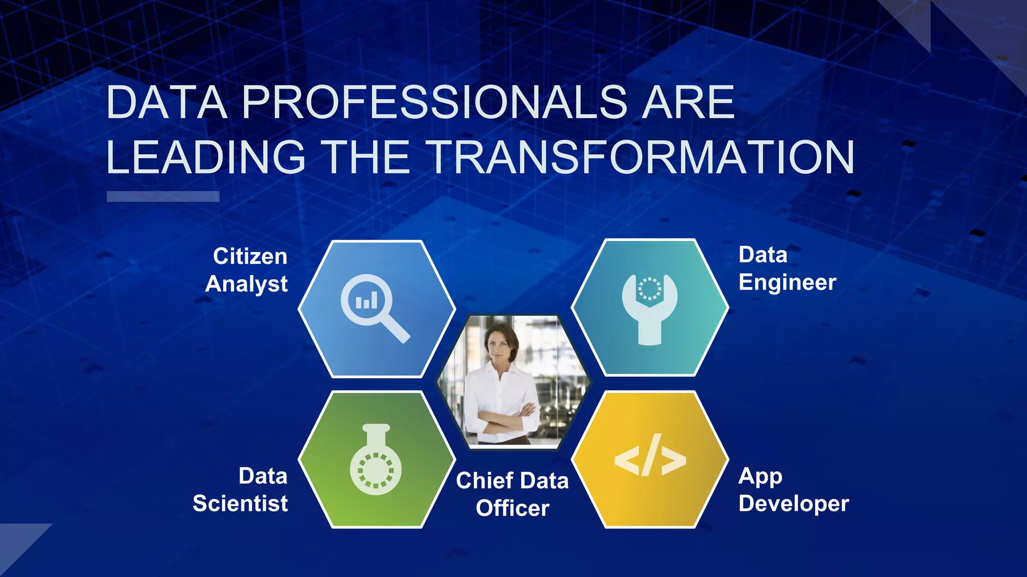 DATA PROFESSIONALS ARE
LEADING THE TRANSFORMATION
Chief Data
Officer
Citizen
Analyst
Data
Scientist
Data
Engineer
App
Developer
 
