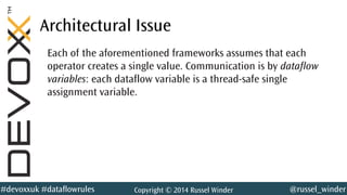 @russel_winder#devoxxuk #dataflowrules Copyright © 2014 Russel Winder
Architectural Issue
Each of the aforementioned frameworks assumes that each
operator creates a single value. Communication is by dataflow
variables: each dataflow variable is a thread-safe single
assignment variable.
 