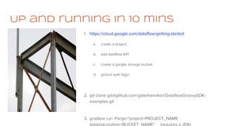 Up and running in 10 mins
1. https://cloud.google.com/dataflow/getting-started
a. create a project
b. add dataflow API
c. create a google storage bucket
d. gcloud auth login
2. git clone git@github.com:gabehamilton/DataflowGroovySDK-
examples.git
3. gradlew run -Pargs="project=PROJECT_NAME
stagingLocation=BUCKET_NAME” (requires a JDK)
 