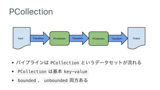 PCollection
 PCollection 
 PCollection   key-value 
 bounded   unbounded 
 