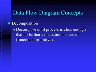 Data Flow Diagram Concepts
   Decomposition
     Decompose until process is clear enough
      that no further explanation is needed
      (functional primitive).
 