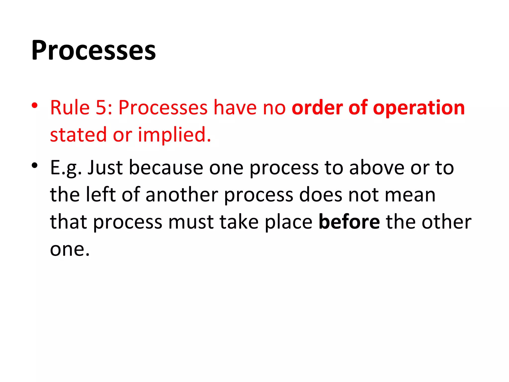 Processes
• Rule 5: Processes have no order of operation
stated or implied.
• E.g. Just because one process to above or to
the left of another process does not mean
that process must take place before the other
one.

 