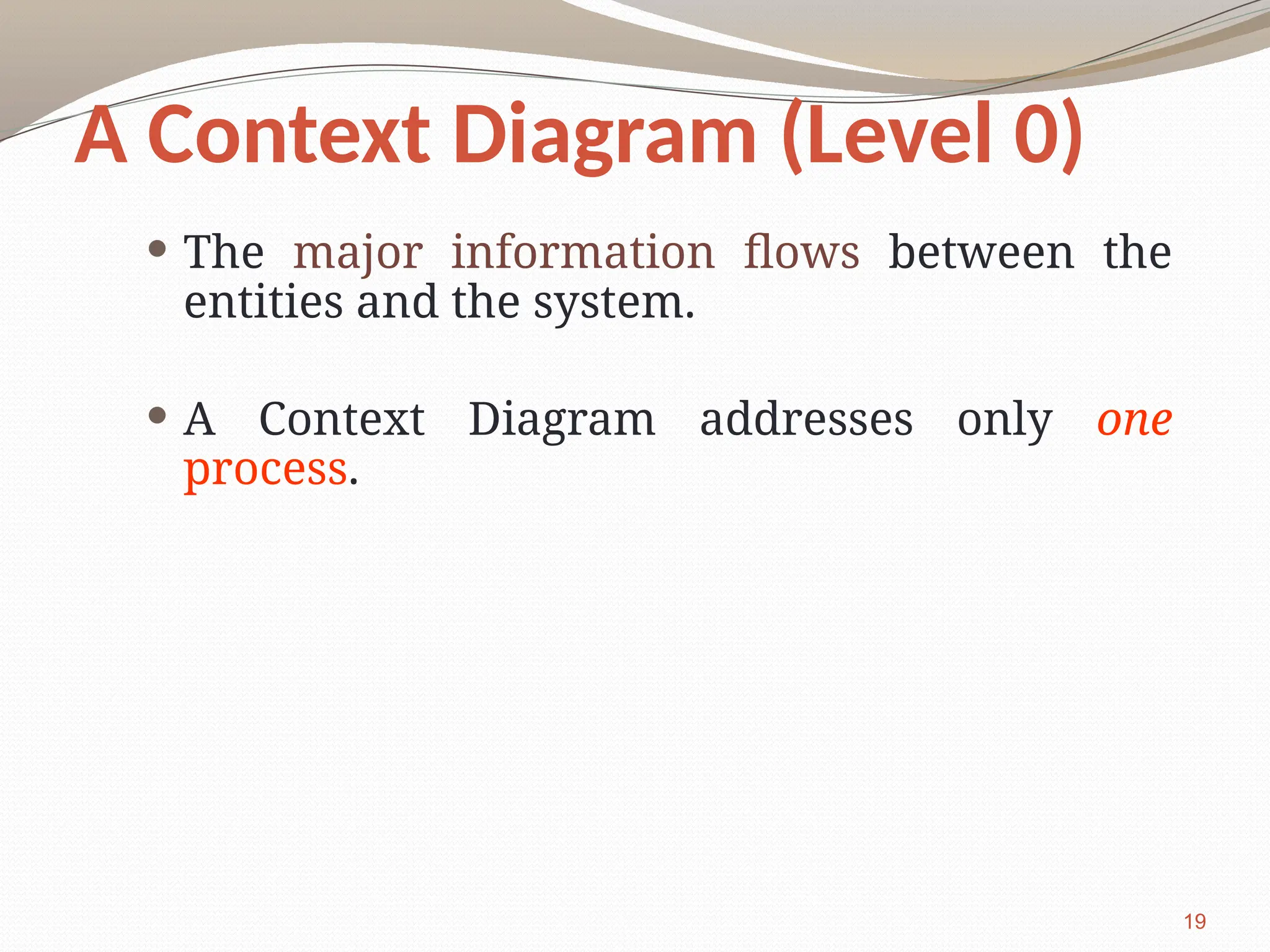 A Context Diagram (Level 0)
 The major information flows between the
entities and the system.
 A Context Diagram addresses only one
process.
19
 