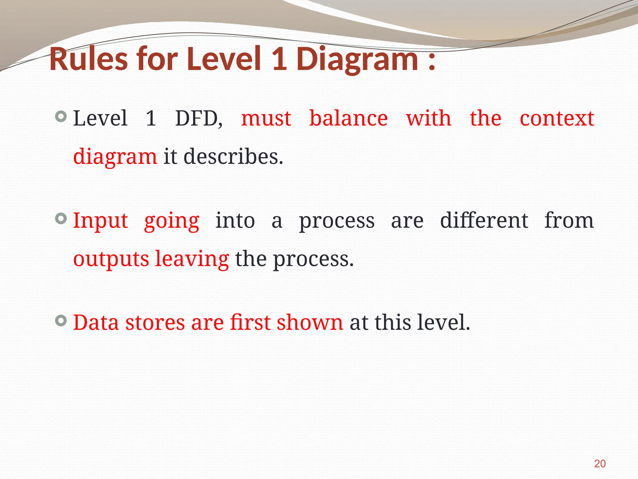 20
Rules for Level 1 Diagram :
 Level 1 DFD, must balance with the context
diagram it describes.
 Input going into a process are different from
outputs leaving the process.
 Data stores are first shown at this level.
 