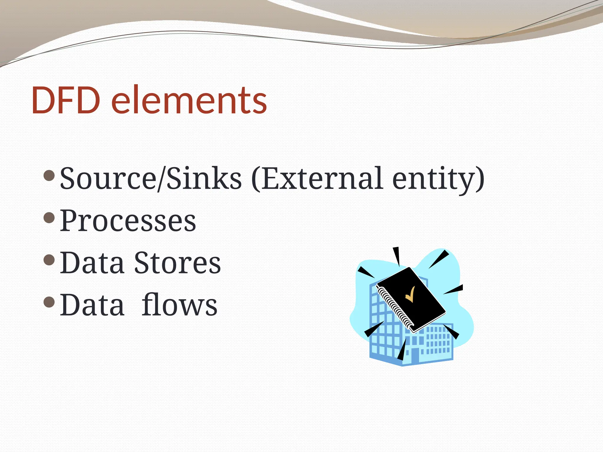 DFD elements
Source/Sinks (External entity)
Processes
Data Stores
Data flows
 