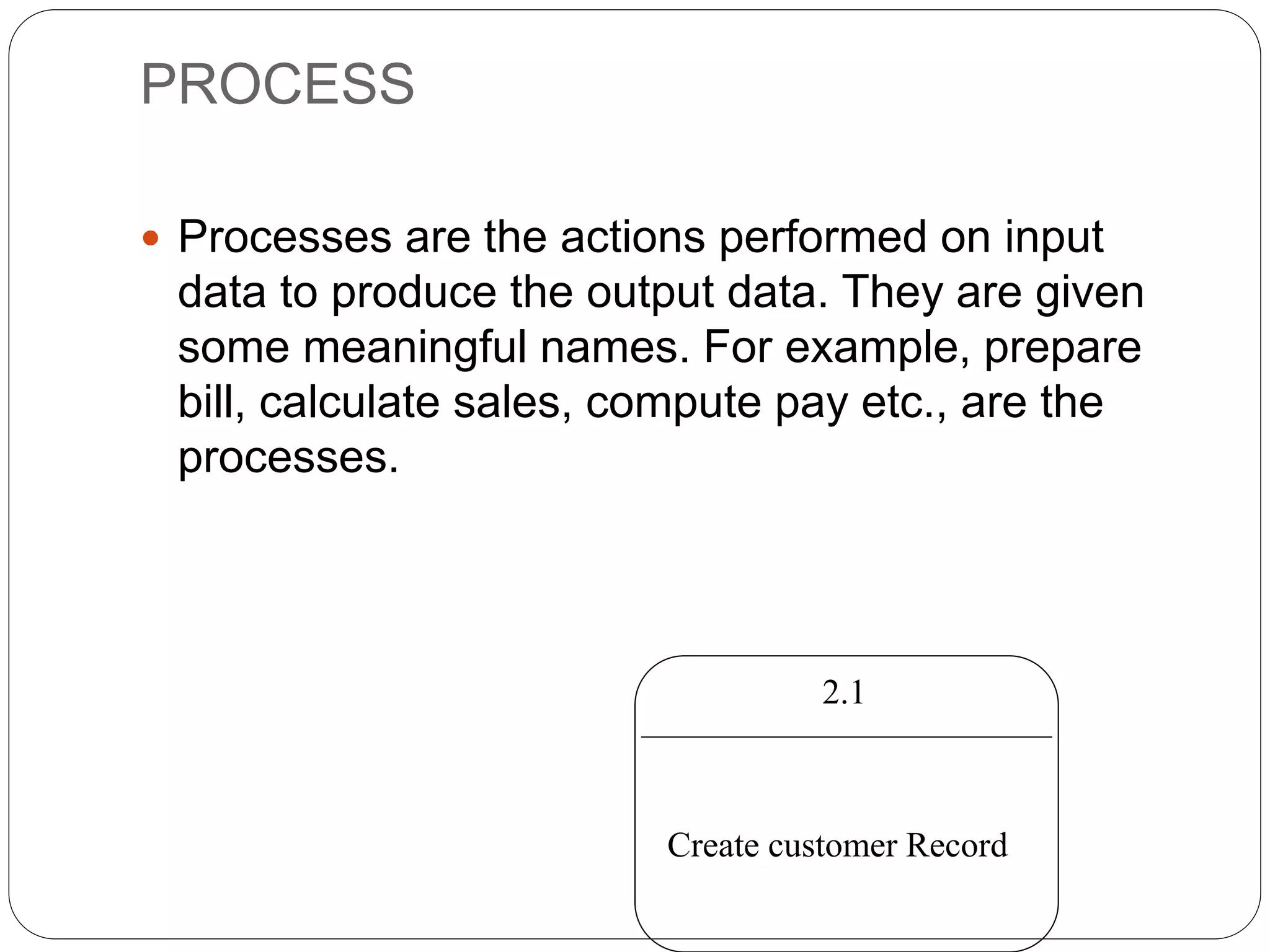 PROCESS
 Processes are the actions performed on input
data to produce the output data. They are given
some meaningful names. For example, prepare
bill, calculate sales, compute pay etc., are the
processes.
2.1
Create customer Record
 