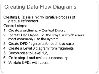 Creating Data Flow Diagrams
Creating DFDs is a highly iterative process of
gradual refinement.
General steps:
1. Create a preliminary Context Diagram
2. Identify Use Cases, i.e. the ways in which users
most commonly use the system
3. Create DFD fragments for each use case
4. Create a Level 0 diagram from fragments
5. Decompose to Level 1,2,…
6. Go to step 1 and revise as necessary
7. Validate DFDs with users.
 