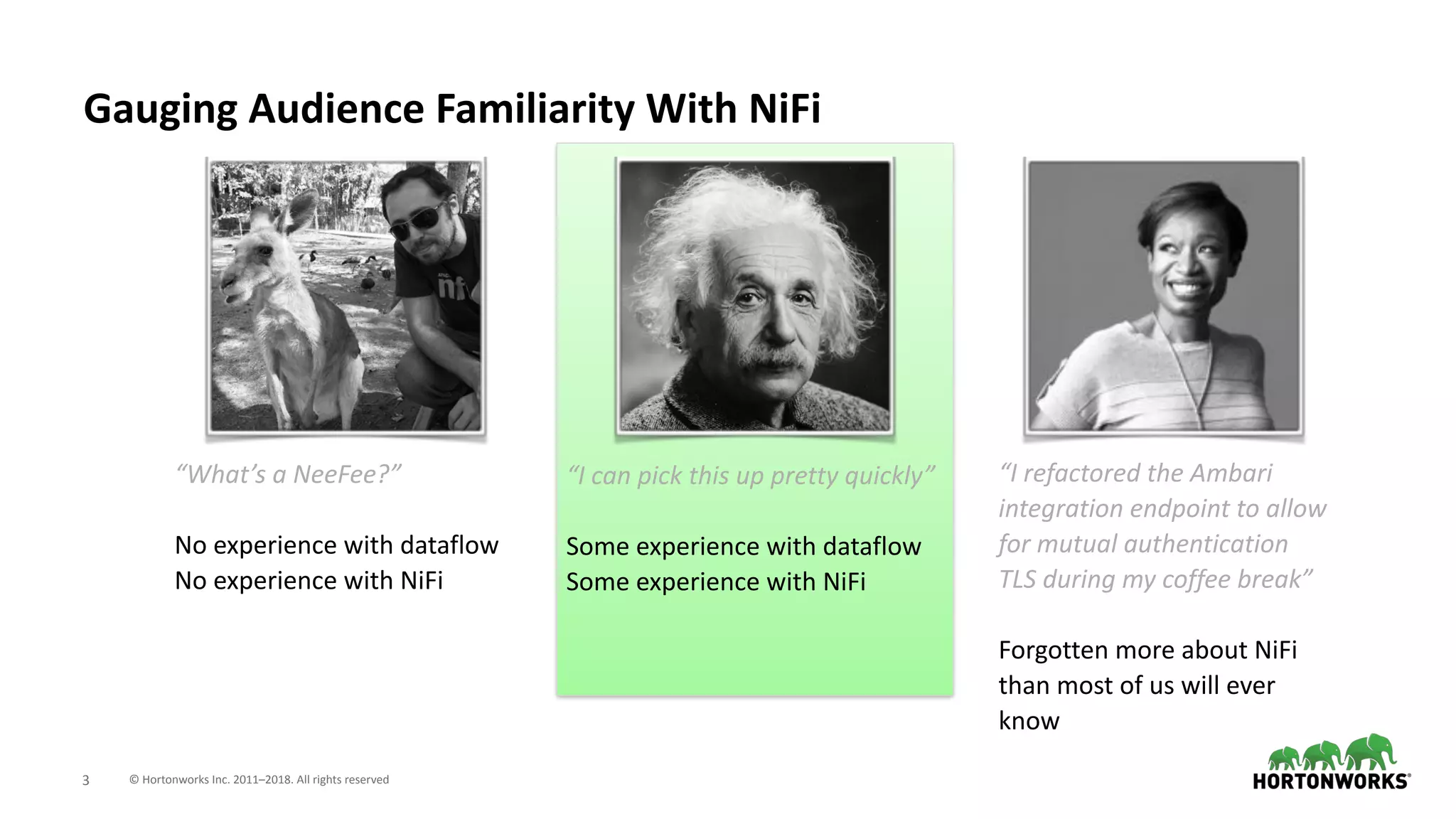 © Hortonworks Inc. 2011–2018. All rights reserved;3
Gauging Audience Familiarity With NiFi
“What’s a NeeFee?”
No experience with dataflow
No experience with NiFi
“I can pick this up pretty quickly”
Some experience with dataflow
Some experience with NiFi
“I refactored the Ambari
integration endpoint to allow
for mutual authentication
TLS during my coffee break”
Forgotten more about NiFi
than most of us will ever
know
 