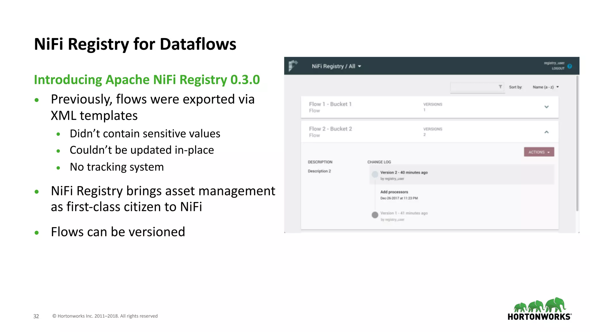 © Hortonworks Inc. 2011–2018. All rights reserved;32
• Previously, flows were exported via
XML templates
• Didn’t contain sensitive values
• Couldn’t be updated in-place
• No tracking system
• NiFi Registry brings asset management
as first-class citizen to NiFi
• Flows can be versioned
Introducing Apache NiFi Registry 0.3.0
NiFi Registry for Dataflows
 