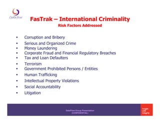 FasTrak – International Criminality
                    Risk Factors Addressed


Corruption and Bribery
Serious and Organized Crime
Money Laundering
Corporate Fraud and Financial Regulatory Breaches
Tax and Loan Defaulters
Terrorism
Government Prohibited Persons / Entities
Human Trafficking
Intellectual Property Violations
Social Accountability
Litigation



                         DataFlow Group Presentation
                               (CONFIDENTIAL)
 