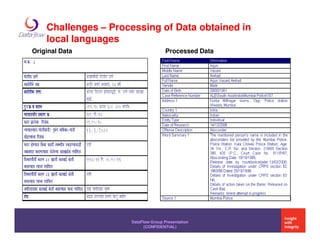 Challenges – Processing of Data obtained in
    local languages
Original Data                        Processed Data




                     DataFlow Group Presentation
                           (CONFIDENTIAL)
 