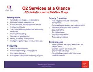 Q2 Services at a Glance
                        Q2 Limited is a part of DataFlow Group

Investigations                                              Security Consulting
•   Whistle blower allegation investigations
                                                            •    Risk mitigation, threat & vulnerability
•   Conflict of interest investigations                          assessments
•   Embezzlements, mismanagement of funds                   •    Security planning, design and implementation
•   Procurement frauds                                      •    Executive protection/ close protection
•   Tracking and locating individuals/ absconding           •    Security briefing
    employees
                                                            •    Airport facilitation
•   Client portfolio vetting
                                                            •    Secured transportation
•   Skip tracing, asset tracing
                                                            •    Technical surveillance
•   Money laundering investigations
•   Intelligence gathering on events, entities etc.
                                                            Crisis response
                                                            •    Profiling threats and laying down SOPs for
Consulting                                                       various events
•   Fraud risk assessments                                  •    Extortion support and liaison with
•   Forensic accounting & investigations                         enforcement authorities
•   Information forensics                                   •    Stimulated exercises involving terrorism,
•   Employment background screening programs                     hostile entries etc.




                                           DataFlow Group Presentation
                                                 (CONFIDENTIAL)
 
