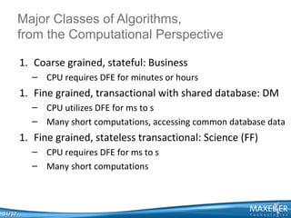 Major Classes of Algorithms,
        from the Computational Perspective

        1. Coarse grained, stateful: Business
          – CPU requires DFE for minutes or hours
        1. Fine grained, transactional with shared database: DM
          – CPU utilizes DFE for ms to s
          – Many short computations, accessing common database data
        1. Fine grained, stateless transactional: Science (FF)
          – CPU requires DFE for ms to s
          – Many short computations



31/52
 
