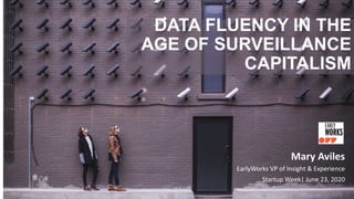 Mary Aviles
EarlyWorks VP of Insight & Experience
Startup Week| June 23, 2020
DATA FLUENCY IN THE
AGE OF SURVEILLANCE
CAPITALISM
 