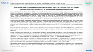 www.datafolha.com.br
Relatório INTENÇÃO DE VOTO PARA PREFEITO DO RIO DE JANEIRO – INSTITUTO DATAFOLHA - AGOSTO DE 2016
CRIVELLA (PRB) LIDERA A CORRIDA À PREFEITURA DO RIO DE JANEIRO; DISPUTA PELO SEGUNDO LUGAR ESTÁ ACIRRADA
Pedro Paulo (PMDB) e Flávio Bolsonaro (PSC) são os candidatos mais rejeitados pelos eleitores cariocas
Pesquisa Datafolha mostra Marcelo Crivella (PRB) na liderança à Prefeitura do Rio de Janeiro com uma larga vantagem sobre os demais candidatos.
Esta é a primeira pesquisa realizada após a oficialização das candidaturas e antes do início do horário eleitoral. Quando apresentado aos entrevistados
o cartão com os nomes dos candidatos, Crivella lidera com 28% das preferências. Tecnicamente empatados na segunda colocação estão Marcelo Freixo
(PSOL), com 11%, Flávio Bolsonaro (PSC), com 9%, e Jandira Feghali (PC do B), com 7%. Com intenções de voto mais baixas estão Pedro Paulo
(PMDB), com 5%, Indio da Costa (PSD), com 4%, Osorio (PSDB), com 3%, Alessandro Molon (REDE), com 2%, e Cyro Garcia (PSTU), com 1%. Carmen
Migueles (NOVO) foi citada mas não alcançou 1%. Indecisos são 9% e pretendem votar em branco ou nulo, 20%.
Crivella alcança índices mais altos entre os menos instruídos (38%) e entre os evangélicos pentecostais (47%). Enquanto Freixo, entre os mais jovens
(21%), entre os mais instruídos (25%) e entre os mais ricos (28%), e Bolsonaro, entre os mais jovens (20%), entre os mais instruídos (15%) e entre os
evangélicos não pentecostais (18%). Já, Feghali tem índice de intenção de voto mais alto entre os simpatizantes do PT (16%). A taxa de eleitores que
pretendem votar em branco ou anular cresce entre os que reprovam a administração municipal (29%) e entre os que reprovam a administração estadual
(27%).
Nesse levantamento realizado nos dias 23 e 24 de agosto de 2016, após o encerramento da Olimpíada, foram feitas 928 entrevistas com eleitores de
todas as regiões da cidade do Rio de Janeiro, com 16 anos ou mais. A margem de erro para o total da amostra é de 3 pontos percentuais, para mais ou
para menos.
Quando a pergunta sobre a intenção de voto é feita de maneira espontânea, sem apresentação de cartão com o nome dos candidatos, 57% dos eleitores
da capital fluminense não souberam informar em quem irão votar para prefeito. Nesta situação, Crivella e Freixo dividem a preferência do eleitor, o
candidato do PRB têm 9% e o candidato do PSOL, 6%. São seguidos por Flavio Bolsonaro, com 2%, Pedro Paulo, com 1%, Jandira Feghali, com 1%,
Osorio, com 1%, e Indio da Costa, com 1%. Pretendem votar em branco ou anular o voto, 17% e outras respostas alcançaram 4%.
Crivella é o candidato mais conhecido, a totalidade dos eleitores cariocas declarou conhecê-lo (99%). O ex-ministro da Pesca é conhecido muito bem por
49%, um pouco conhecido por 32%, e conhecido só de ouvir falar, por 18%. Em seguida, aparece Jandira Feghali, a candidata do PC do B é conhecida
por 90% dos eleitores cariocas, sendo que 32% declararam conhecê-la muito bem, 28% um pouco, e 29%, só de ouvir falar.
Os candidatos Marcelo Freixo e Flávio Bolsonaro apresentaram taxas de conhecimento altas e próximas entre si. O candidato do PSOL é conhecido por
78% (desses, 26% o conhecem muito bem, 23% um pouco e 29%, só de ouvir falar) e o do PSC, por 75% (desses, 24% o conhecem muito bem, 21%
um pouco e 30%, só de ouvir falar).
 