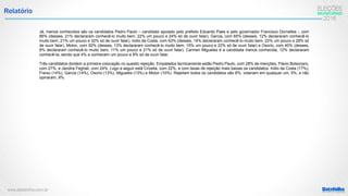 www.datafolha.com.br
Relatório
Já, menos conhecidos são os candidatos Pedro Paulo – candidato apoiado pelo prefeito Eduardo Paes e pelo governador Francisco Dornelles -, com
66% (desses, 21% declararam conhecê-lo muito bem, 22% um pouco e 24% só de ouvir falar), Garcia, com 65% (desses, 12% declararam conhecê-lo
muito bem, 21% um pouco e 32% só de ouvir falar), Indio da Costa, com 63% (desses, 14% declararam conhecê-lo muito bem, 22% um pouco e 28% só
de ouvir falar), Molon, com 50% (desses, 13% declararam conhecê-lo muito bem, 15% um pouco e 22% só de ouvir falar) e Osorio, com 40% (desses,
8% declararam conhecê-lo muito bem, 11% um pouco e 21% só de ouvir falar). Carmen Migueles é a candidata menos conhecida, 12% declararam
conhecê-la, sendo que 4% a conhecem um pouco e 8% só de ouvir falar.
Três candidatos dividem a primeira colocação no quesito rejeição. Empatados tecnicamente estão Pedro Paulo, com 28% de menções, Flávio Bolsonaro,
com 27%, e Jandira Feghali, com 24%. Logo a seguir está Crivella, com 22%, e com taxas de rejeição mais baixas os candidatos: Indio da Costa (17%),
Freixo (14%), Garcia (14%), Osorio (13%), Migueles (13%) e Molon (10%). Rejeitam todos os candidatos são 8%, votariam em qualquer um, 5%, e não
opinaram, 9%.
 