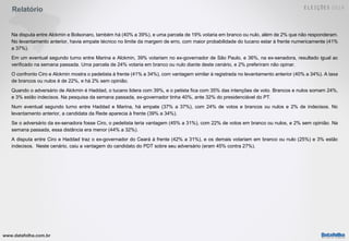 www.datafolha.com.br
Relatório
Na disputa entre Alckmin e Bolsonaro, também há (40% a 39%), e uma parcela de 19% votaria em branco ou nulo, além de 2% que não responderam.
No levantamento anterior, havia empate técnico no limite da margem de erro, com maior probabilidade do tucano estar à frente numericamente (41%
a 37%).
Em um eventual segundo turno entre Marina e Alckmin, 39% votariam no ex-governador de São Paulo, e 36%, na ex-senadora, resultado igual ao
verificado na semana passada. Uma parcela de 24% votaria em branco ou nulo diante deste cenário, e 2% preferiram não opinar.
O confronto Ciro e Alckmin mostra o pedetista à frente (41% a 34%), com vantagem similar à registrada no levantamento anterior (40% a 34%). A taxa
de brancos ou nulos é de 22%, e há 2% sem opinião.
Quando o adversário de Alckmin é Haddad, o tucano lidera com 39%, e o petista fica com 35% das intenções de voto. Brancos e nulos somam 24%,
e 3% estão indecisos. Na pesquisa da semana passada, ex-governador tinha 40%, ante 32% do presidenciável do PT.
Num eventual segundo turno entre Haddad e Marina, há empate (37% a 37%), com 24% de votos e brancos ou nulos e 2% de indecisos. No
levantamento anterior, a candidata da Rede aparecia à frente (39% a 34%).
Se o adversário da ex-senadora fosse Ciro, o pedetista teria vantagem (45% a 31%), com 22% de votos em branco ou nulos, e 2% sem opinião. Na
semana passada, essa distância era menor (44% a 32%).
A disputa entre Ciro e Haddad traz o ex-governador do Ceará à frente (42% a 31%), e os demais votariam em branco ou nulo (25%) e 3% estão
indecisos. Neste cenário, caiu a vantagem do candidato do PDT sobre seu adversário (eram 45% contra 27%).
 