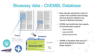 © 2019 Medicines Discovery Catapult. All rights reserved.
Bioassay data - ChEMBL Database
IC50 4.5 nM
>Thrombin
MAHVRGLQLPGCLALAALCSLVHSQHVFLA
PQQARSLLQRVRRANTFLEEVRKGNLEREC
VEETCSYEEAFEALESSTATDVFWAKYTAC
ETARTPRDKLAACLEGNCAEGLGTNYRGHV
APTT
11 min
Target
Compoun
d
Bioassay data
Compound
Assay
• Data manually extracted by a team of
curators from published pharmacology
and drug discovery literature (e.g.
Journal of Medicinal Chemistry)
• ChEMBL has transformed many aspects
of cheminformatics research
− Target prediction
− Large-scale QSAR
− Matched Molecular Pairs
− …
• ChEMBL is foundation data source of
almost all published AI compound
design research
 