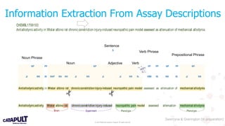 © 2019 Medicines Discovery Catapult. All rights reserved.
Information Extraction From Assay Descriptions
Antiallodynicactivity in Wistar albino rat chronicconstrictioninjury-induced neuropathic pain model assessed as attenuation of mechanicalallodynia
JJ NN IN NNP NN NN JJ NN JJ JJ NN NN VBN IN NN IN JJ NN
NP PP NP VP PP NP PP NP
S
CHEMBL1799193:
Antiallodynicactivity in Wistar albino rat chronic constriction injury-induced neuropathic pain model assessed as attenuation of mechanical allodynia.
Antiallodynicactivity Wistar albino rat chronicconstrictioninjury-induced neuropathic pain model assessed attenuation mechanicalallodynia
Experiment Phenotype PhenotypeStrain
Antiallodynicactivity Wistar albino rat chronicconstrictioninjury-induced neuropathic pain model assessed attenuation mechanicalallodynia
A
B
C
D
Antiallodynicactivity in Wistar albino rat chronicconstriction injury-induced neuropathic pain model assessed as attenuation of mechanical allodynia
JJ NN IN NNP NN NN JJ NN JJ JJ NN NN VBN IN NN IN JJ NN
NP PP NP VP PP NP PP NP
S
CHEMBL1799193:
Antiallodynicactivity in Wistar albino rat chronic constriction injury-induced neuropathic pain model assessed as attenuation of mechanical allodynia.
Antiallodynicactivity Wistar albino rat chronicconstriction injury-induced neuropathic pain model assessed attenuation mechanical allodynia
Experiment Phenotype PhenotypeStrain
Antiallodynicactivity Wistar albino rat chronicconstrictioninjury-induced neuropathic pain model assessed attenuation mechanical allodynia
A
B
C
D
Sentence
Noun Phrase
Verb Phrase
AdjectiveNoun Verb
Prepositional Phrase
Antiallodynicactivity in Wistar albino rat chronicconstrictioninjury-induced neuropathic pain model assessed as attenuation of mechanical allodynia
JJ NN IN NNP NN NN JJ NN JJ JJ NN NN VBN IN NN IN JJ NN
NP PP NP VP PP NP PP NP
S
CHEMBL1799193:
Antiallodynicactivity in Wistar albino rat chronic constriction injury-induced neuropathic pain model assessed as attenuation of mechanical allodynia.
Antiallodynicactivity Wistar albino rat chronicconstrictioninjury-induced neuropathic pain model assessed attenuation mechanicalallodynia
[9.11,8.73,9.19,...] [-0.17,-0.57,0.01,...] [8.95,3.39,-5.22,...] [9.08,8.02,8.09,...][9.11,8.73,9.19,...][9.56,9.14,2.10,...][9.10,8.72,9.18,...]
Experiment Phenotype PhenotypeStrain
Antiallodynicactivity Wistar albino rat chronicconstrictioninjury-induced neuropathic pain model assessed attenuation mechanical allodynia
A
B
C
D
E
Zwierzyna & Overington (in preparation)
 