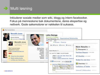Multi løsningInkluderer sosiale medier som wiki, blogg og intern-facebooker.Fokus på menneskene bak dokumentene, deres ekspertise og nettverk. Gode søkemotorer er nøkkelen til suksess.