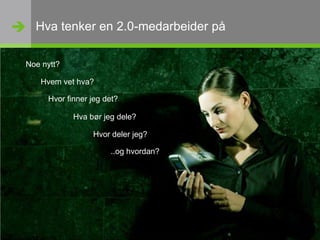 13.11.2009Konfidensiell - Navn på presentasjon.ppt9Hva tenker en 2.0-medarbeider påNoe nytt?Hvem vet hva?Hvor finner jeg det?Hva bør jeg dele?Hvor deler jeg?..og hvordan?