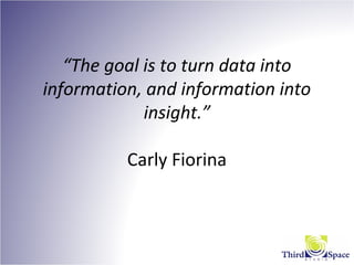 “The goal is to turn data into
information, and information into
insight.”
Carly Fiorina
 