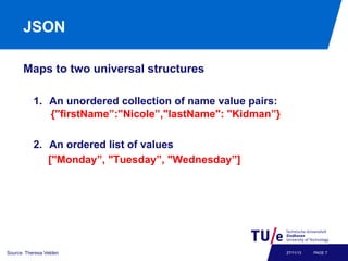 JSON
Maps to two universal structures
1.  An unordered collection of name value pairs:
{"firstName”:"Nicole”,"lastName": "Kidman”}
2.  An ordered list of values
["Monday”, "Tuesday”, "Wednesday”]

Source: Theresa Velden

27/11/13

PAGE 7

 