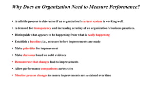 Why Does an Organization Need to Measure Performance?
• A reliable process to determine if an organization’s current system is working well.
• A demand for transparency and increasing scrutiny of an organization’s business practices.
• Distinguish what appears to be happening from what is really happening
• Establish a baseline; i.e., measure before improvements are made
• Make priorities for improvement
• Make decisions based on solid evidence
• Demonstrate that changes lead to improvements
• Allow performance comparisons across sites
• Monitor process changes to ensure improvements are sustained over time
 