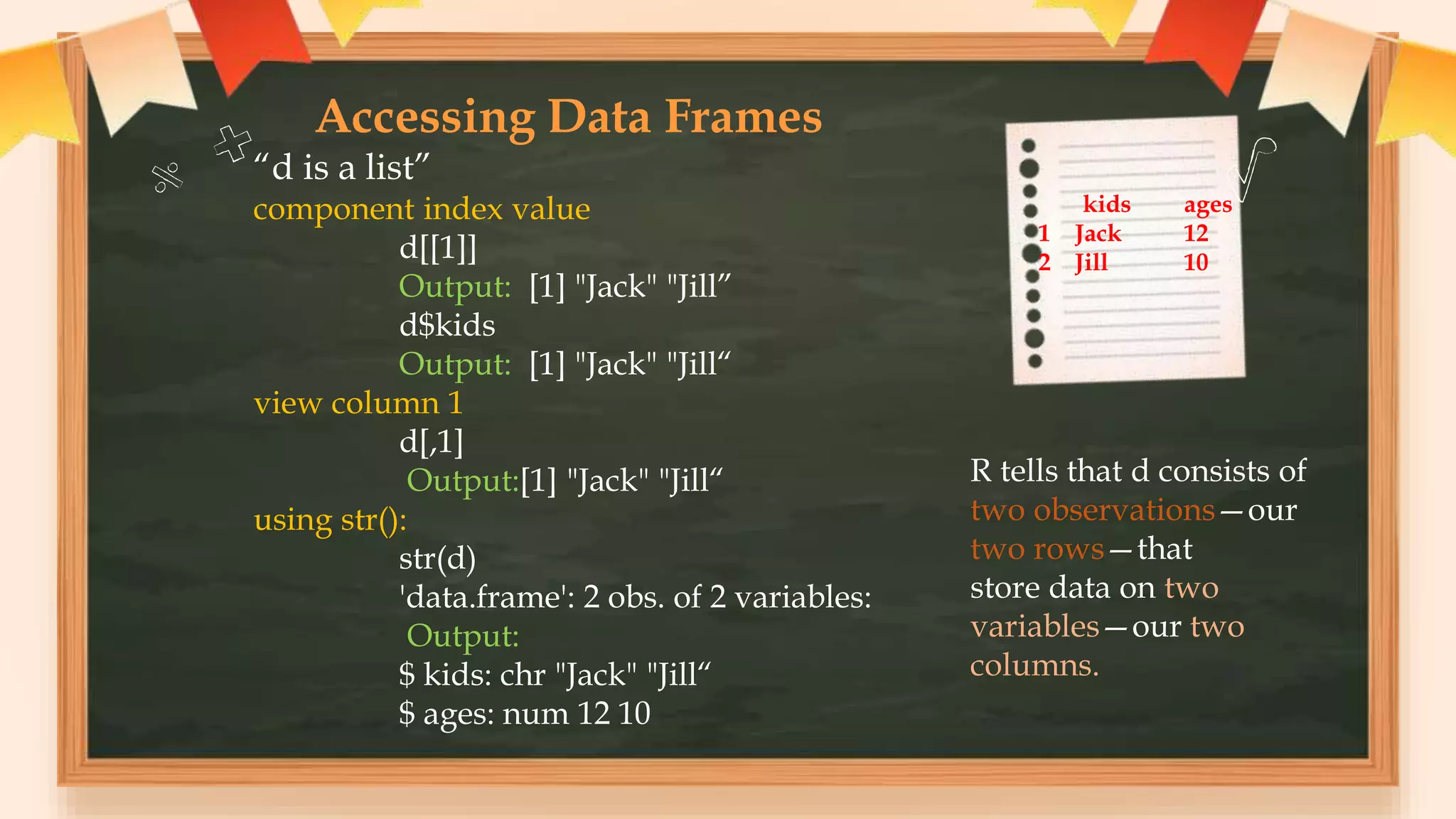 Accessing Data Frames
“d is a list”
component index value
d[[1]]
Output: [1] "Jack" "Jill”
d$kids
Output: [1] "Jack" "Jill“
view column 1
d[,1]
Output:[1] "Jack" "Jill“
using str():
str(d)
'data.frame': 2 obs. of 2 variables:
Output:
$ kids: chr "Jack" "Jill“
$ ages: num 12 10
R tells that d consists of
two observations—our
two rows—that
store data on two
variables—our two
columns.
kids ages
1 Jack 12
2 Jill 10
 