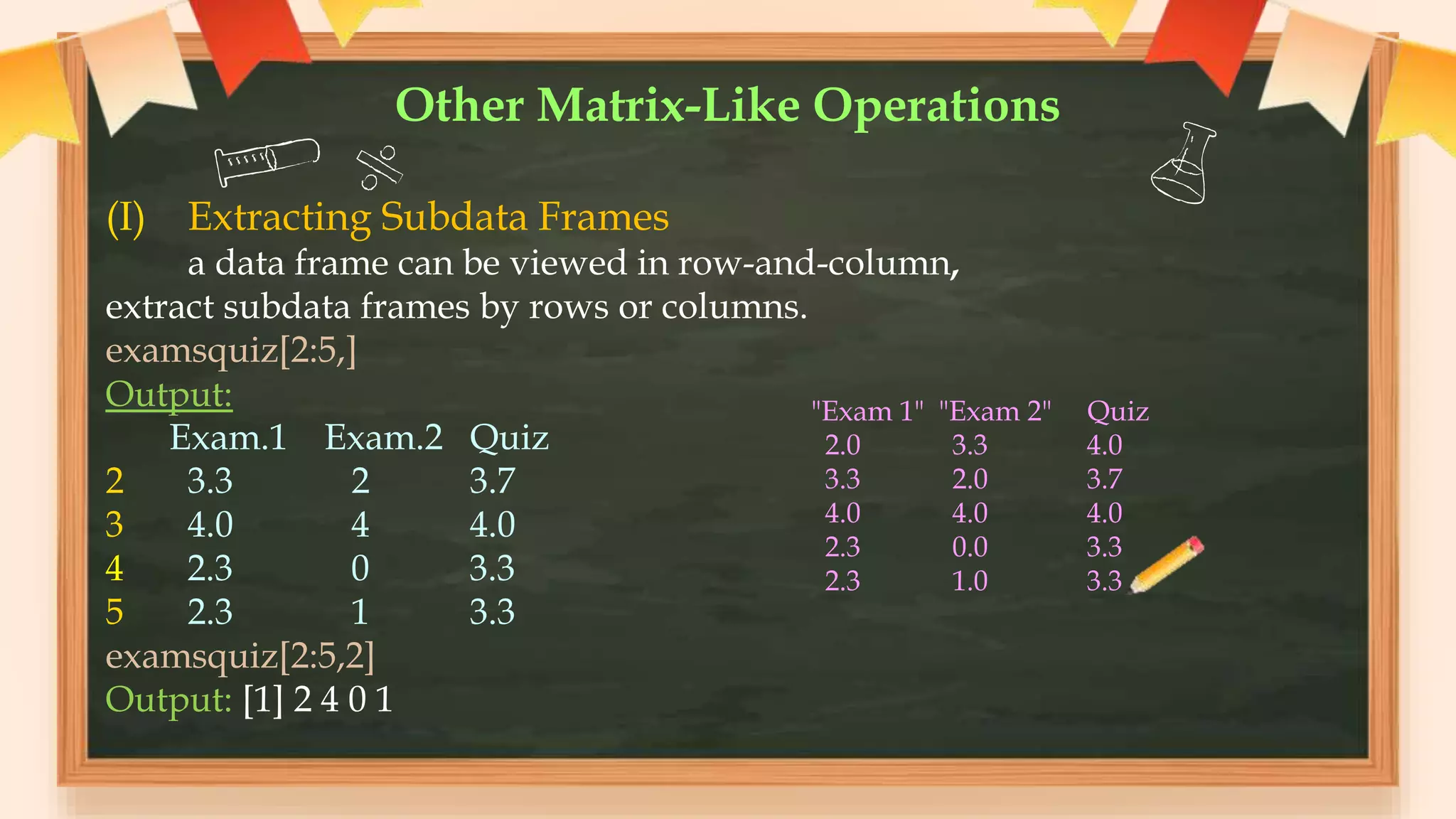 Other Matrix-Like Operations
(I) Extracting Subdata Frames
a data frame can be viewed in row-and-column,
extract subdata frames by rows or columns.
examsquiz[2:5,]
Output:
Exam.1 Exam.2 Quiz
2 3.3 2 3.7
3 4.0 4 4.0
4 2.3 0 3.3
5 2.3 1 3.3
examsquiz[2:5,2]
Output: [1] 2 4 0 1
"Exam 1" "Exam 2" Quiz
2.0 3.3 4.0
3.3 2.0 3.7
4.0 4.0 4.0
2.3 0.0 3.3
2.3 1.0 3.3
 