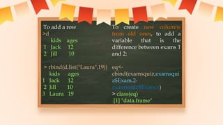 To add a row
>d
kids ages
1 Jack 12
2 Jill 10
> rbind(d,list("Laura",19))
kids ages
1 Jack 12
2 Jill 10
3 Laura 19
To create new columns
from old ones, to add a
variable that is the
difference between exams 1
and 2:
eq<-
cbind(examsquiz,examsqui
z$Exam.2-
examsquiz$Exam.1)
> class(eq)
[1] "data.frame"
 