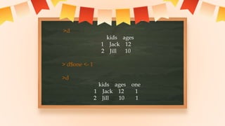 >d
kids ages
1 Jack 12
2 Jill 10
> d$one <- 1
>d
kids ages one
1 Jack 12 1
2 Jill 10 1
 