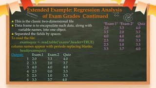 Extended Example: Regression Analysis
of Exam Grades Continued
 This is the classic two-dimensional file
 Data frame is to encapsulate such data, along with
variable names, into one object.
 Separated the fields by spaces.
To read the file:
examsquiz <- read.table("exams",header=TRUE)
column names appear with periods replacing blanks:
head(examsquiz)
Output: Exam.1 Exam.2 Quiz
1 2.0 3.3 4.0
2 3.3 2.0 3.7
3 4.0 4.0 4.0
4 2.3 0.0 3.3
5 2.3 1.0 3.3
6 3.3 3.7 4.0
"Exam 1" "Exam 2" Quiz
2.0 3.3 4.0
3.3 2.0 3.7
4.0 4.0 4.0
2.3 0.0 3.3
2.3 1.0 3.3
3.3 3.7 4.0
 
