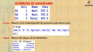 ATTRIBUTES OF DATAFRAMES
4. axes - Returns a list containing both the axes(row and column axis)
5. dtypes - Returns the dtypes of the DataFrame
 