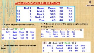 ACCESSING DATAFRAME ELEMENTS
3. A slice object with index labels. 4. A Boolean array of the same length as index
being sliced
5. Conditional that returns a Boolean
Series
 