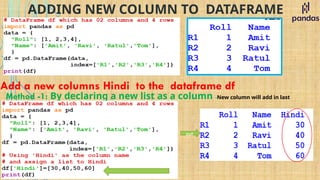 ADDING NEW COLUMN TO DATAFRAME
Add a new columns Hindi to the dataframe df
Method -1: By declaring a new list as a column -New column will add in last
out
 