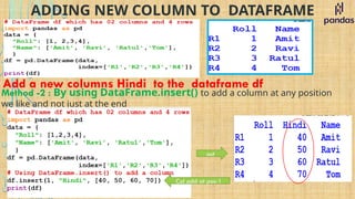 ADDING NEW COLUMN TO DATAFRAME
Add a new columns Hindi to the dataframe df
Method -2 : By using DataFrame.insert() to add a column at any position
we like and not just at the end
out
Col add at pos-1
 