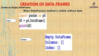 CREATION OF DATA FRAMES
Create an Empty DataFrame:
When DataFrame() method is called without data
Input
Output
 