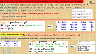 IMPORTING/EXPORTING DATA BETWEEN CSV FILES AND DATA FRAMES.
CSV - A comma-separated values file is a text file that uses a comma to
separate values. Each line of the file is a data record. Each record consists of
one or more fields, separated by commas..
To read a csv file in dataframe read_csv() method is used
Example Consider a csv file product
OUT
Write a data frame to a csv
To write a dataframe to a csv file to_csv() method is used
Consider following DataFrame df which has Name of candidate and course name
OUT
 
