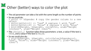 Other (better) ways to color the plot
• The col parameter can take a list with the same length as the number of points
• So we could do:
> ptCol <- h$gender # copy the gender column to a new
object
> ptCol[ptCol==1] <- "red" # replace 1 with "red”
> ptCol[ptCol==0] <- "blue" # replace 0 with "blue”
> plot(h$height, h$weight, col=ptCol, xlab="Height
(inches)", ylab="Weight (lbs)")
• The ifelse(…) function takes three parameters: a test, a value if the test is
TRUE, and a value if the test is FALSE.
• So we could also do:
> plot(h$height, h$weight, col=ifelse(h$gender==1,
"red", "blue"), xlab="Height (inches)", ylab="Weight
(lbs)")
 