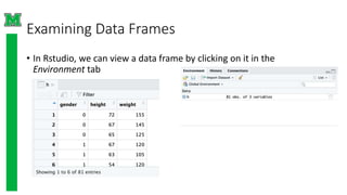 Examining Data Frames
• In Rstudio, we can view a data frame by clicking on it in the
Environment tab
 